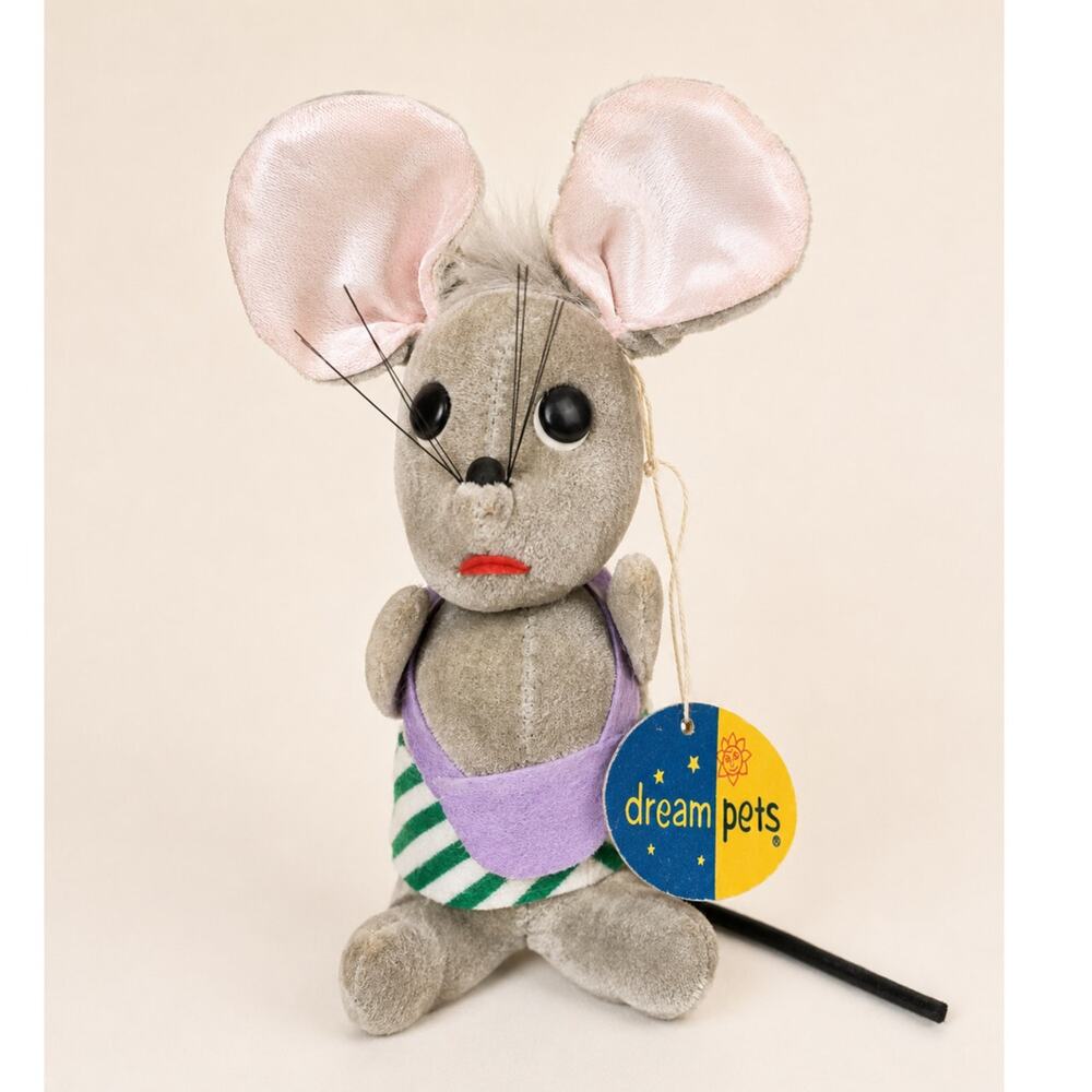 Vintage Dakin Dream Pets Girl Mouse Plush Tag Made in Japan Green Outfit Bow